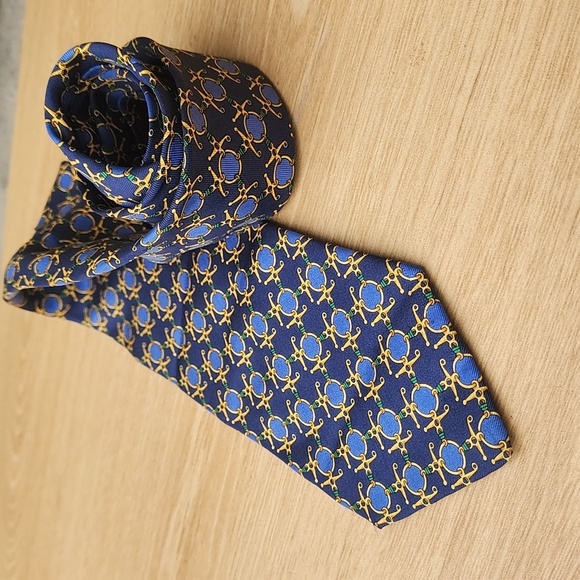 Authentic FENDI Blue and Gold Geometric Pattern 100% Silk Tie - Picture 6 of 10